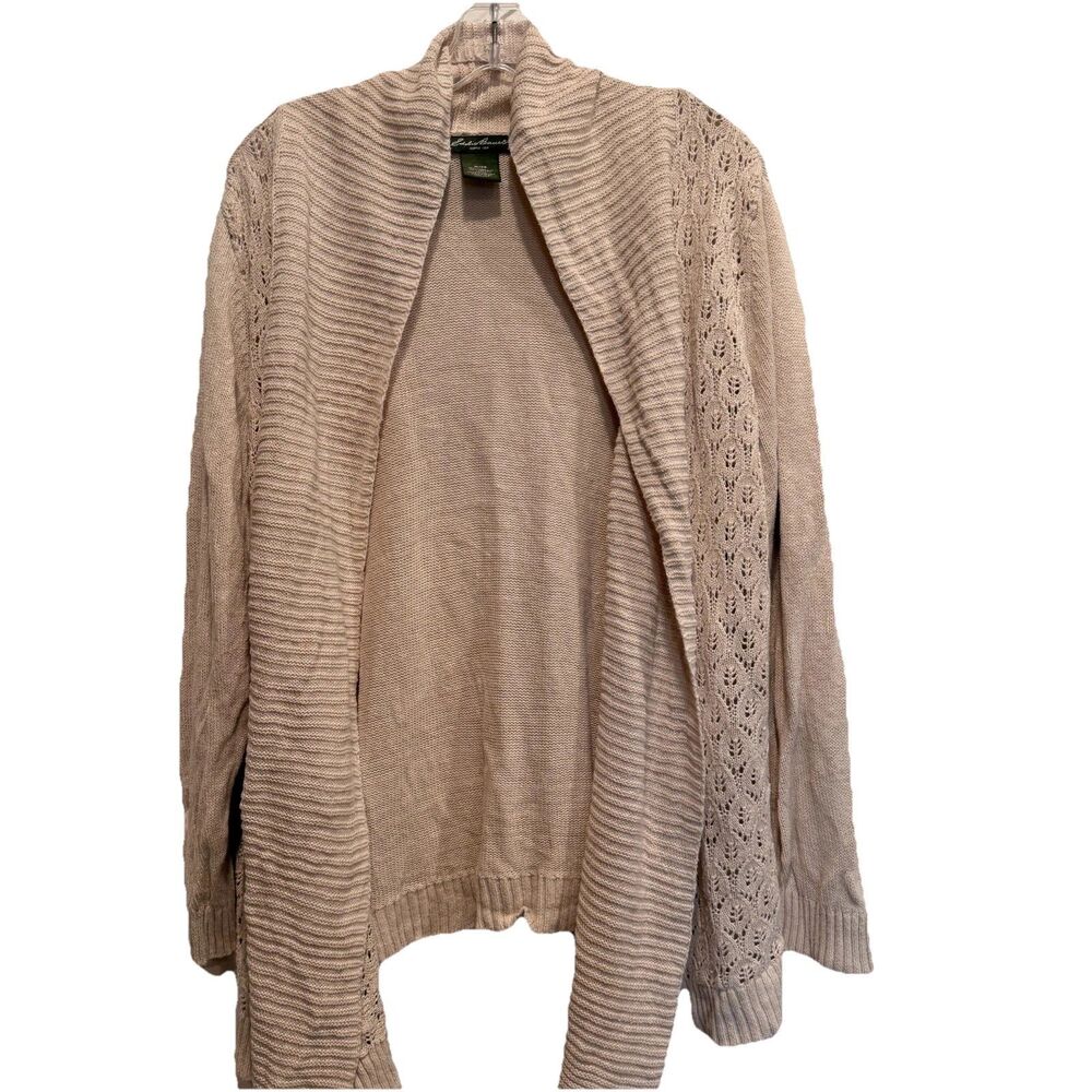 Eddie Bauer XL Linen Blend Womens Open Front Cardigan Knit Drape Crochet Beige